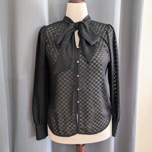 Worthington black sheer houndstooth long-sleeved blouse w/neck bow tie size XS